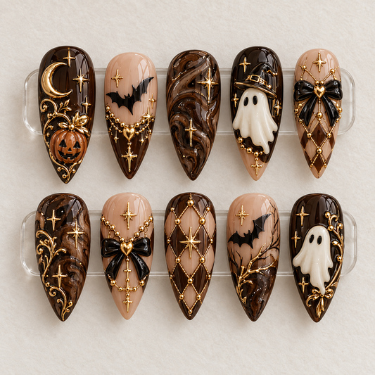 Gilded Haunt – Hand-painted Halloween Ghost & Bat Press-On Nails